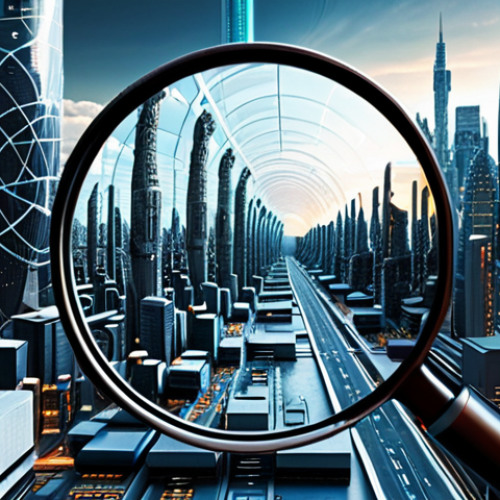Home 15 **
Prompt: "Evolving algorithms, from basic search to predictive intelligence. Futuristic cityscape with data streams, AI brain, and magnifying glass."
**