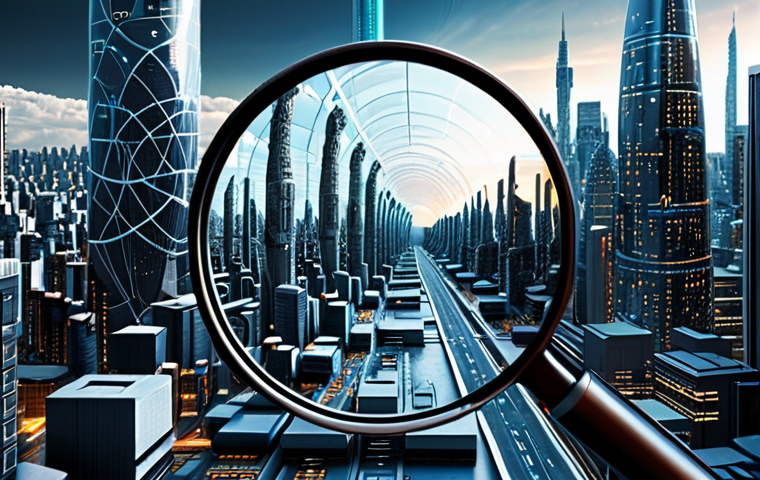 **
Prompt: "Evolving algorithms, from basic search to predictive intelligence. Futuristic cityscape with data streams, AI brain, and magnifying glass."
**