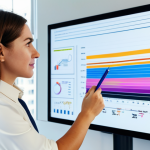 A professional female brand strategist in modest, stylish business casual attire, thoughtfully observing a digital screen displaying vibrant, abstract data visualizations that hint at emotional connections and narratives. She holds a stylus, her pose natural. The setting is a bright, modern co-working space with natural light and collaborative design elements. Perfect anatomy, correct proportions, well-formed hands. Safe for work, appropriate content, fully clothed, professional, natural pose. High detail, professional photography, cinematic lighting, vivid colors.