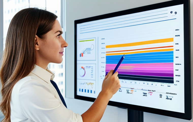 A professional female brand strategist in modest, stylish business casual attire, thoughtfully observing a digital screen displaying vibrant, abstract data visualizations that hint at emotional connections and narratives. She holds a stylus, her pose natural. The setting is a bright, modern co-working space with natural light and collaborative design elements. Perfect anatomy, correct proportions, well-formed hands. Safe for work, appropriate content, fully clothed, professional, natural pose. High detail, professional photography, cinematic lighting, vivid colors.