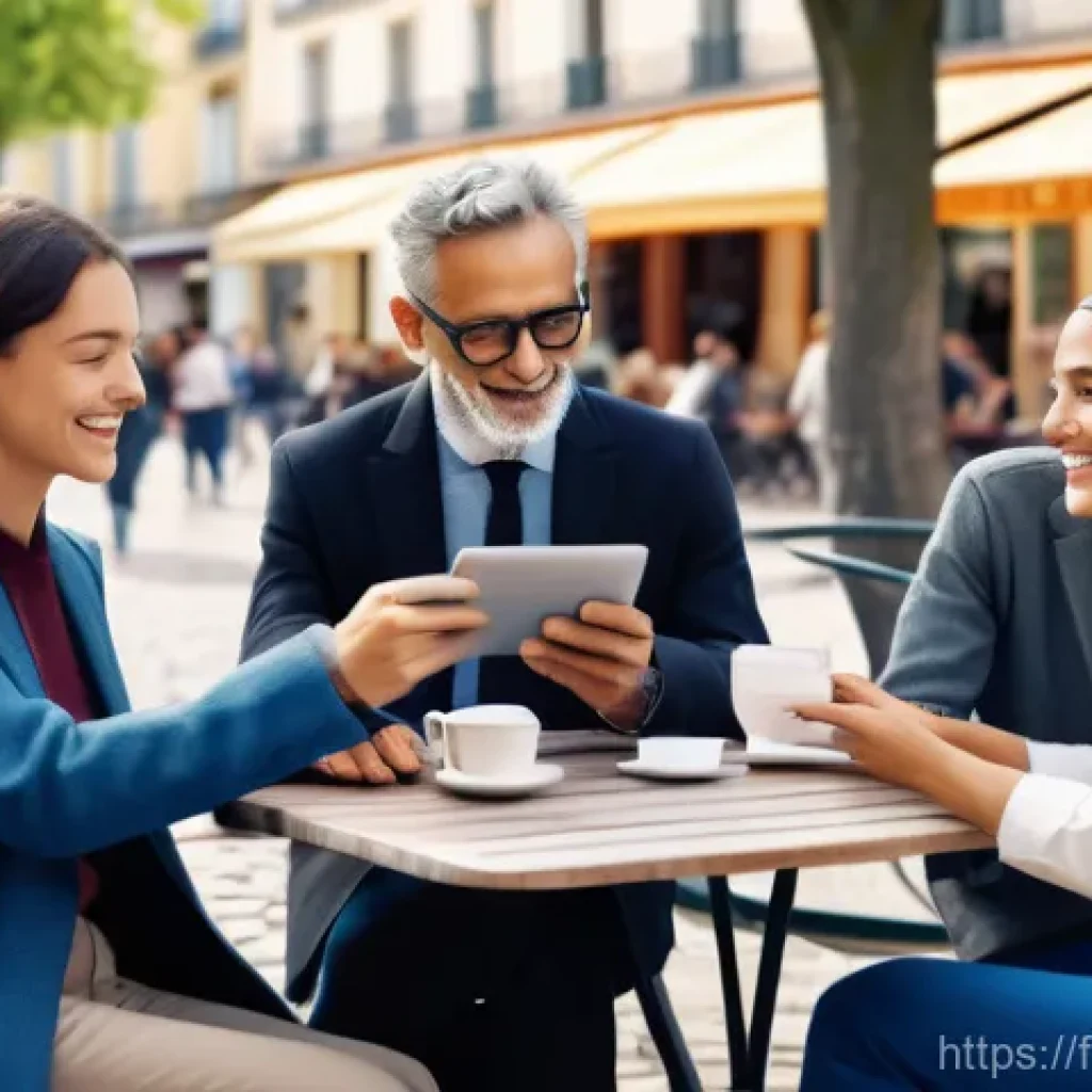 웹 생태계의 소셜 임팩트 - **A Diverse French Digital Daily Life.**
    A vibrant, sunlit scene depicting various generations o...