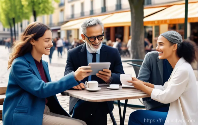 웹 생태계의 소셜 임팩트 - **A Diverse French Digital Daily Life.**
A vibrant, sunlit scene depicting various generations o...