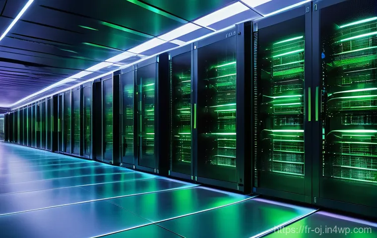웹 생태계의 환경적 영향 - **Prompt:** A visually stunning, high-angle shot of a futuristic data center, designed with clean ar...