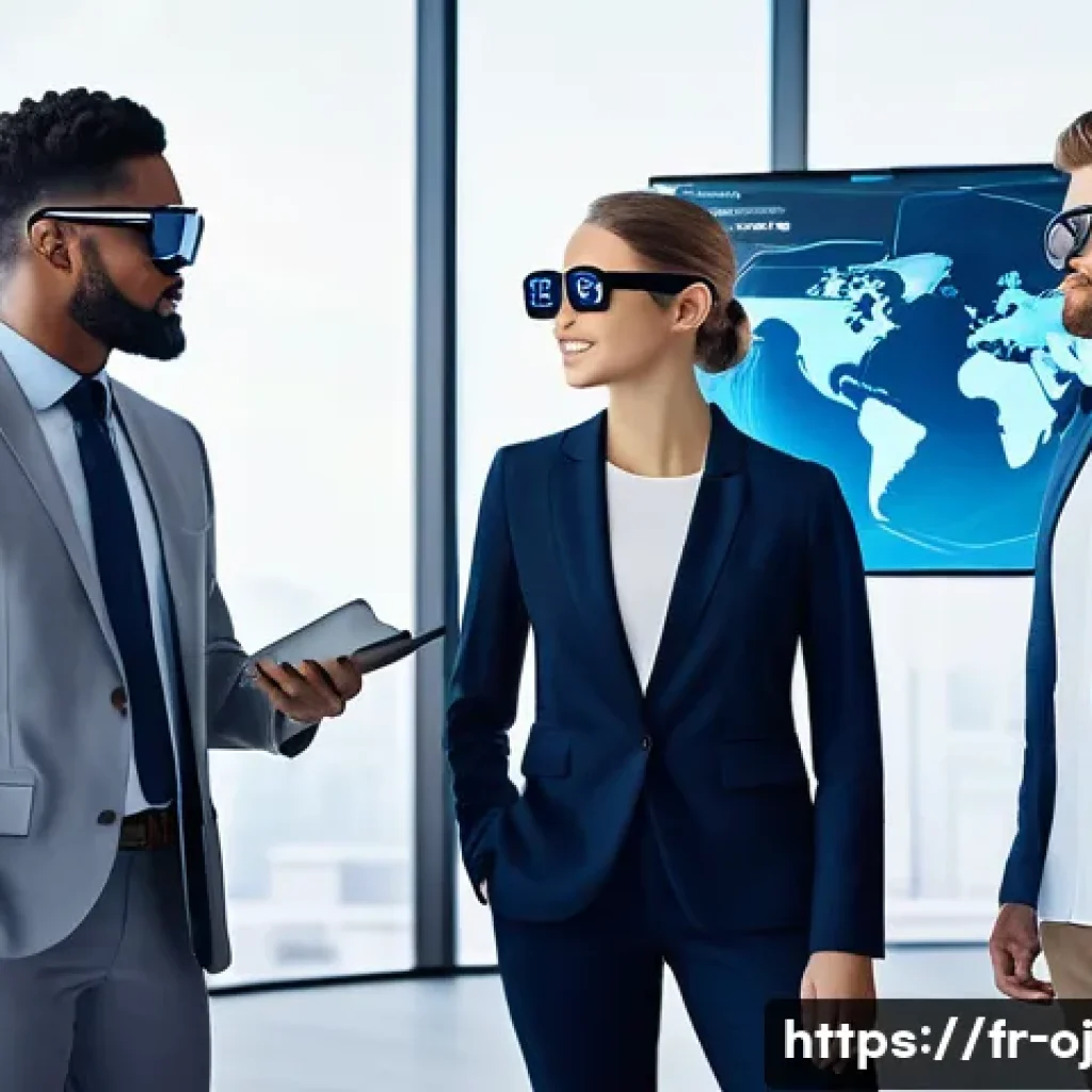 웹 생태계와 클라우드 컴퓨팅 - A futuristic digital workspace showing a diverse team collaborating remotely via high-tech holograph...
