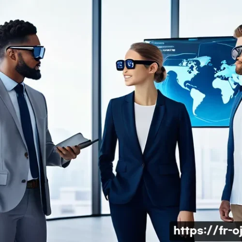 Home 30 웹 생태계와 클라우드 컴퓨팅 - A futuristic digital workspace showing a diverse team collaborating remotely via high-tech holograph...