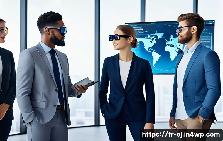 웹 생태계와 클라우드 컴퓨팅 - A futuristic digital workspace showing a diverse team collaborating remotely via high-tech holograph...