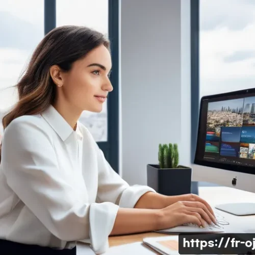Home 29 웹 생태계에서의 콘텐츠 배포 전략 - A vibrant digital marketing workspace featuring a young French professional woman in her late 20s, d...
