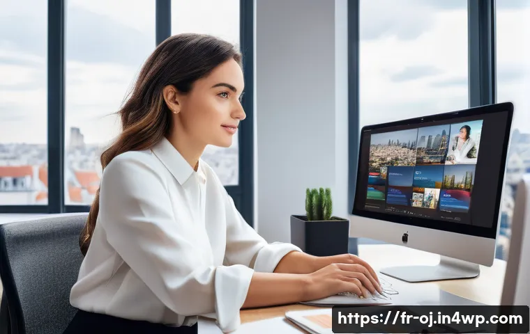 웹 생태계에서의 콘텐츠 배포 전략 - A vibrant digital marketing workspace featuring a young French professional woman in her late 20s, d...