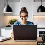 Home 16 웹 생태계의 법적 이슈와 규제 - A modern French home office scene with a young adult browsing the internet on a sleek laptop, displa...