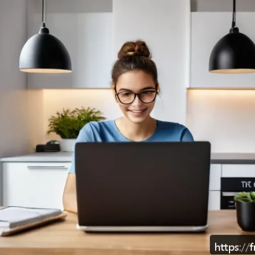 Home 28 웹 생태계의 법적 이슈와 규제 - A modern French home office scene with a young adult browsing the internet on a sleek laptop, displa...