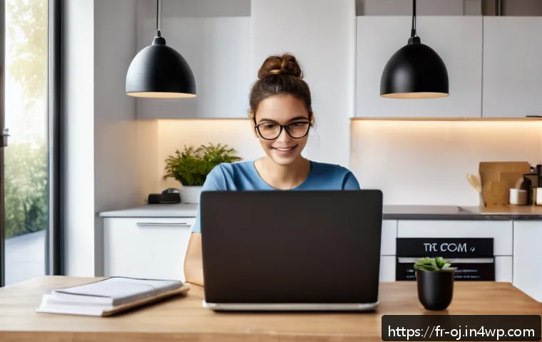 웹 생태계의 법적 이슈와 규제 - A modern French home office scene with a young adult browsing the internet on a sleek laptop, displa...