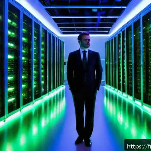 Home 15 웹 생태계의 구성 요소 분석 - A detailed futuristic data center room filled with sleek server racks glowing softly with blue and g...