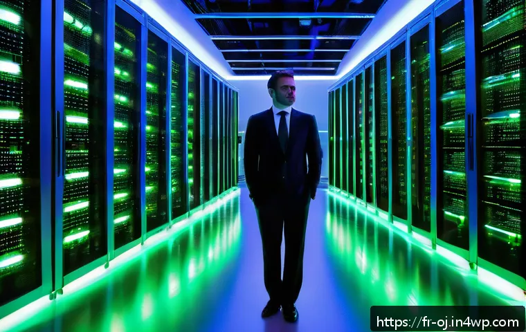 웹 생태계의 구성 요소 분석 - A detailed futuristic data center room filled with sleek server racks glowing softly with blue and g...