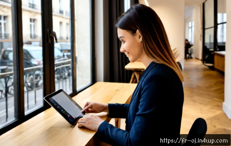 Home 17 웹 생태계의 고객 경험 혁신 - Photorealistic modern Paris coworking space, a French customer comfortably using a sleek tablet besi...