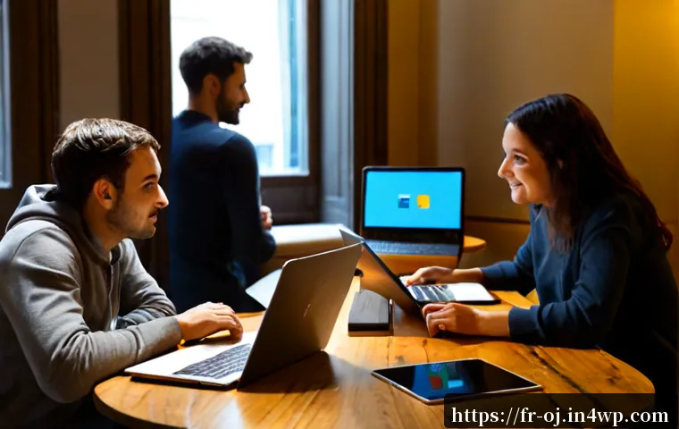 웹 생태계에서의 사용자 참여 증대 방법 - Photorealistic modern French coworking café in Paris, diverse adults engaging with a community websi...
